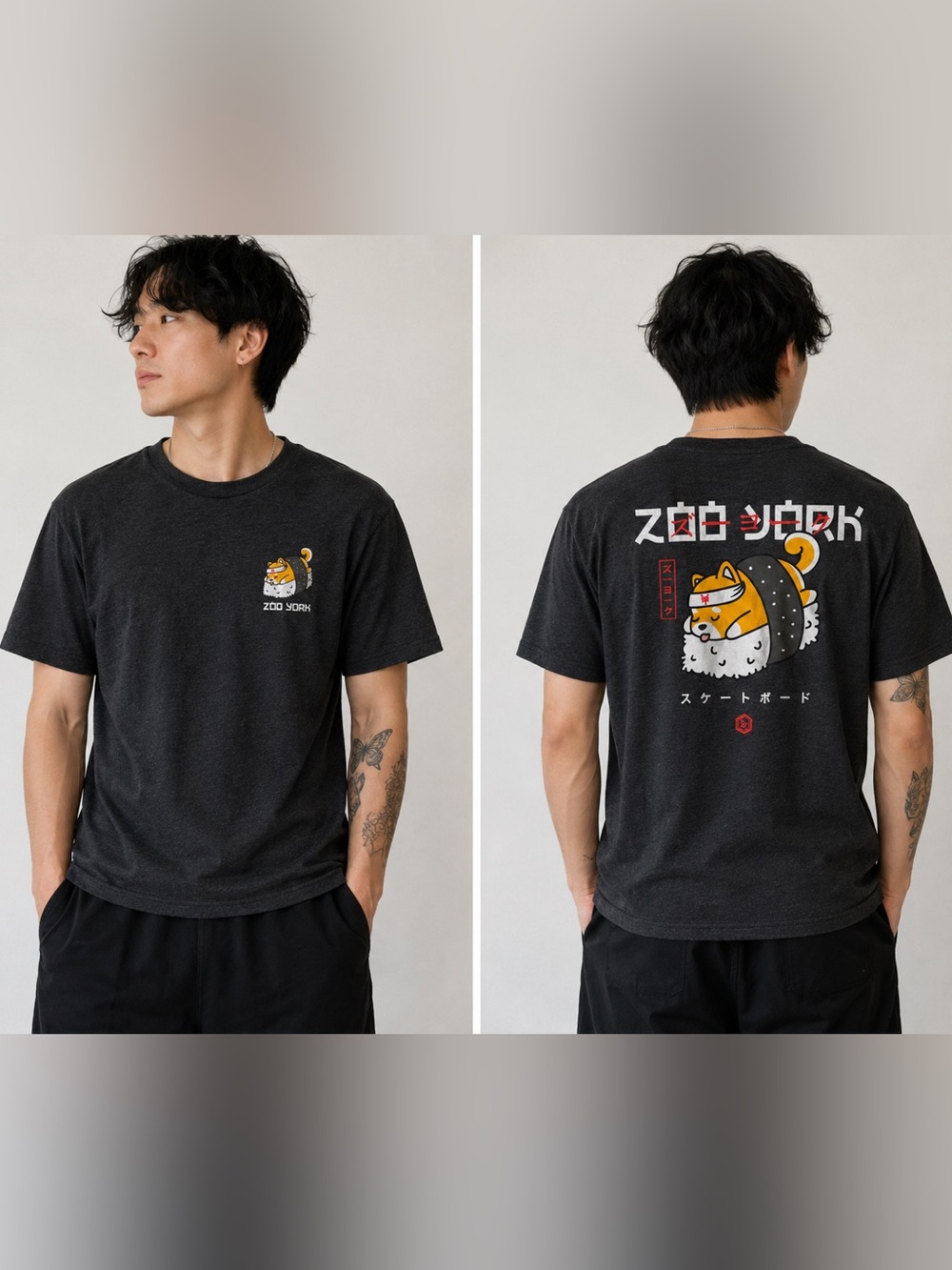 Zoo York Graphic T-Shirt Sushi Shiba Inu Japanese Skate Tee Charcoal Gray Size L